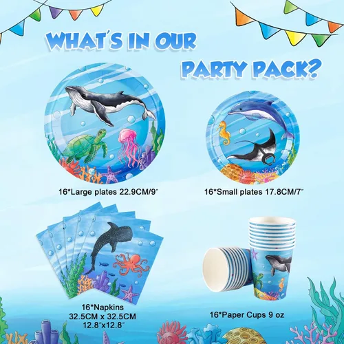 Miniatura 2 de WERNNSAI Decoraciones de fiesta de cumpleaños del océano, 64 platos y servilletas de tiburón, tazas bajo el mar, decoraciones de cumpleaños