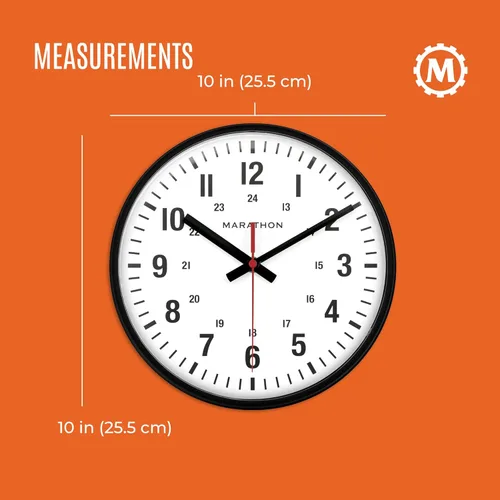 Miniatura 5 de MARATHON Reloj de pared analógico silencioso de barrido continuo de grado comercial de 10 pulgadas con marcadores de 12/24 horas, números grandes