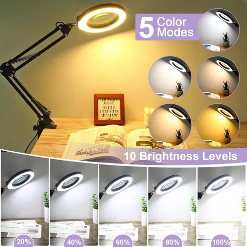 Miniatura 3 de Lámpara de lupa de 10 aumentos con luz y soporte, lámpara de escritorio y abrazadera 2 en 1, Seylae con 5 modos de color, lupa iluminada LED