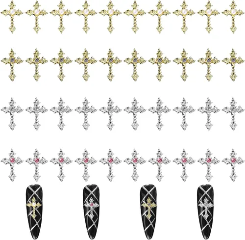 Miniatura 16 de Dijes de cruz 3D, 60 piezas de decoración de uñas de cruz de cristal dorado y plateado para arte de uñas, dijes de cruz de diamantes de imitación