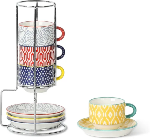 Selamica Tazas de café expreso de cerámica con platillos y soporte de metal, tazas demitasse apilables de 2.5 onzas para café expreso, latte, café