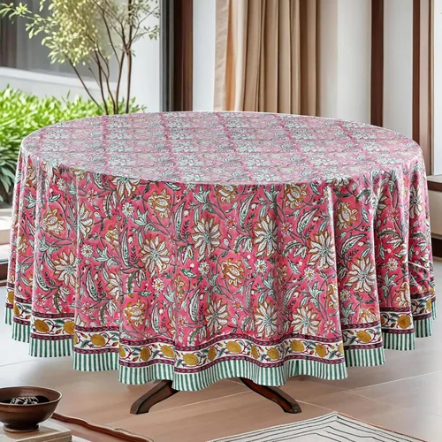 Miniatura 35 de Ridhi Mantel redondo de algodón reutilizable con estampado de bloque a mano, color verde espárragos, 60 pulgadas, mantel decorativo para uso diario