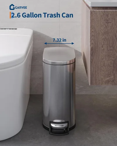 Miniatura 4 de Garvee Cubo de basura delgado de acero inoxidable de 2.6 galones / 10L con tapa, pedal de paso, cierre suave, cubo interior, cubo de basura pequeño