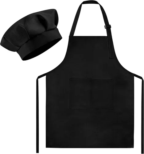 Morcheiong Juego de gorro y delantal de chef para niños, delantal de pintura ajustable para niños y gorro de chef con 2 bolsillos para cocinar y