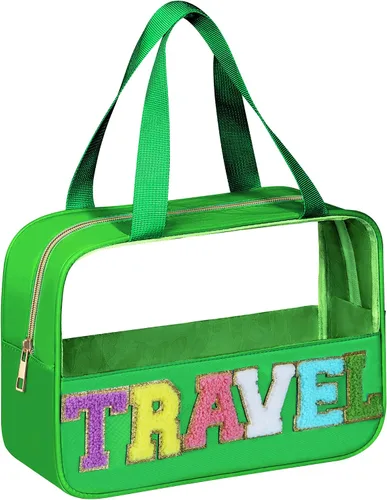 Miniatura 12 de BuyCard Bolsas de Viaje Transparentes con Parche de Letra de Chenilla, Bolsa de Maquillaje Preppy de PVC y Nylon con Asa y Cremallera, Bolsa