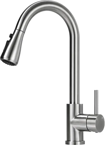 VFAUOSIT - Grifo de cocina con rociador extraíble, grifo de fregadero de cocina sin plomo, níquel cepillado, acero inoxidable, arco alto, extracción