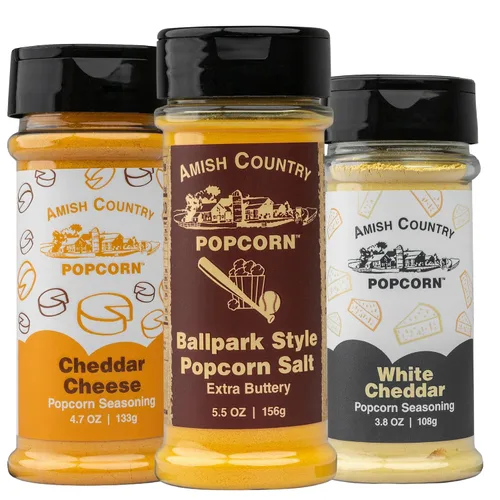 Miniatura 17 de Amish Country Popcorn Paquete variado de condimentos Queso cheddar – 5.1 oz y queso cheddar blanco – Condimento de palomitas de maíz de 3.8 onzas