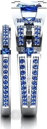 Miniatura 4 de Juego de anillos de compromiso de boda de zafiro azul creado princesa y redondo para mujer, plata de ley 925 chapada en oro blanco de 14 quilates