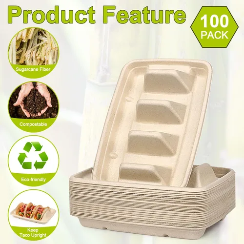 Miniatura 3 de Paquete de 100 soportes desechables para tacos, platos desechables para tacos con divisores, bandejas de papel compostable, juego de servir barra