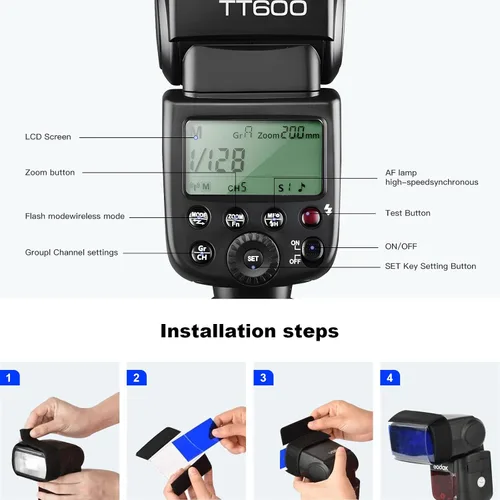 Miniatura 7 de Flash de cámara Godox TT600 GN60, 2.4G, 1/8000s, Speedlite, 230 parpadeos de potencia total, tiempo de reciclaje de 0.1-2.6s, compatible con cámaras
