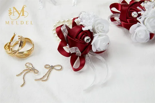 Miniatura 2 de Juego de 4 ramilletes de muñeca color borgoña para boda, juego de ramilletes rojo vino rosa para baile de graduación, novia, dama de honor, niña, 4