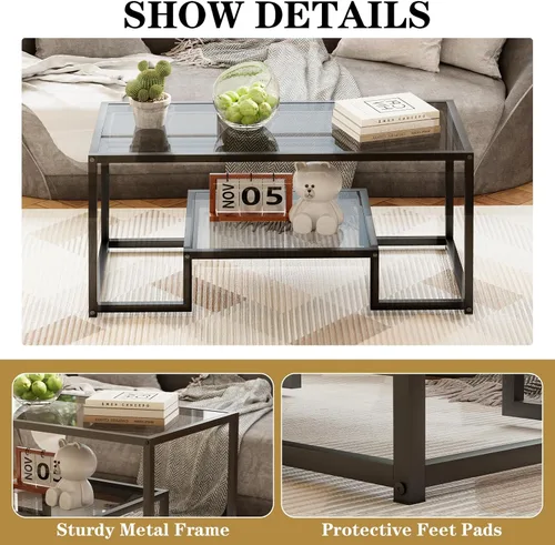 Miniatura 5 de Wolawu Mesa de Café de Cristal Gris Mesa de Café para Sala de Estar, Mesa Central Rectangular de 2 Niveles con Marco de Metal Resistente, Mesa