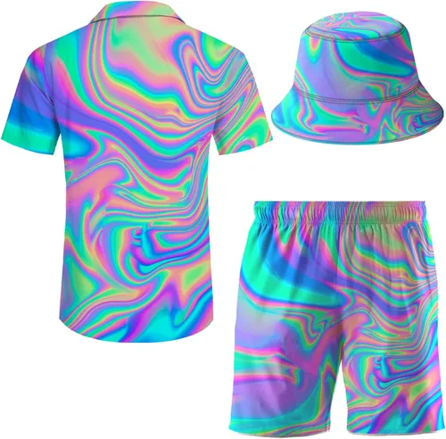 Miniatura 3 de Wdpsuxin Conjunto de 2 piezas para hombre, camisa hawaiana, pantalones cortos, camisa con botones y pantalones cortos con sombreros de pescador