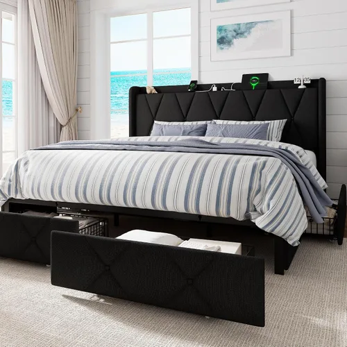 Miniatura 19 de GalnFu Base de cama de tamaño matrimonial con 4 cajones de almacenamiento, plataforma tapizada con estación de carga, moderna cabecera de Beige