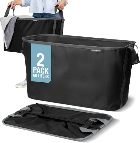 CleverMade Cesta Canasto de Lavandería Plegable - Negro Paquete de 2, 60L - Organizador de Almacenamiento que Ahorra Espacio con Asas, Organización