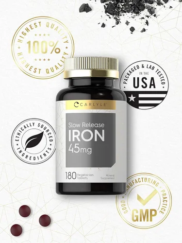 Miniatura 5 de Carlyle Hierro de liberación lenta de 45 mg 180 tabletas Suplemento mineral de sulfato ferroso para hombres y mujeres Fórmula vegetariana