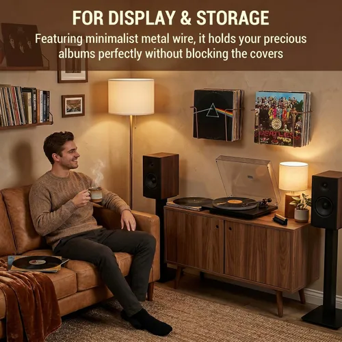 Miniatura 2 de MyGift Estantes Modernos de Alambre Metálico Montados en Pared para Almacenamiento de Discos de Vinilo, Soportes Colgantes para Discos LP, Estantes