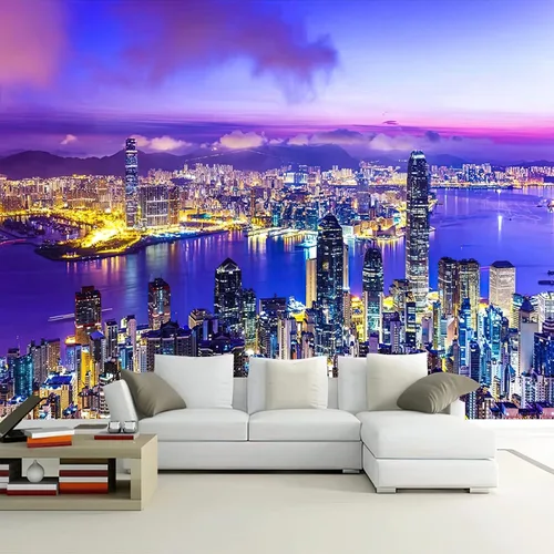 Moderno papel tapiz fotográfico 3D con vista nocturna de la ciudad de Nueva York, papel tapiz de vista de la ciudad, decoración de pared para sala