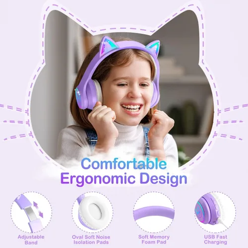 Miniatura 2 de LOBKIN - Auriculares Bluetooth 5.4 para niños con estuche - Orejas de gato plegables ajustables con luz LED RGB, auriculares supraaurales con Púrpura