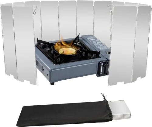 Miniatura 10 de Parabrisas de estufa de 10 platos, parabrisas de estufa de aluminio con bolsa de cordón, para camping, estufas de butano para acampar, estufas