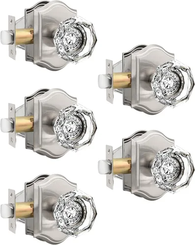 Miniatura 35 de Gobrico Paquete de 5 pomos de puerta de cristal de paso en latón antiguo para pasillo, armario, lavandería, forma octágono transparente, sin llave