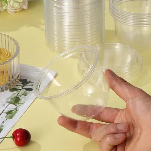 Miniatura 3 de Paquete de 100 vasos de plástico desechables apilables transparentes de 10 onzas con tapas planas, tazas de helado PET de 10.1 fl oz con tapas