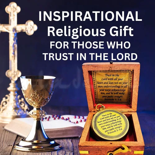 Miniatura 3 de Confía en el Señor - Proverbios 3: 5-6 Brújula grabada, Caja de madera de saludo, Regalo inspiradoral para hombres, Regalos de bautismo para niños