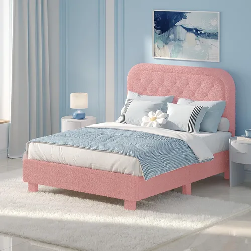 Miniatura 19 de VINGLI Base de cama individual para niños, cama de plataforma tapizada Boucle con cabecera ajustable, soporte de listones de madera resistente, cama