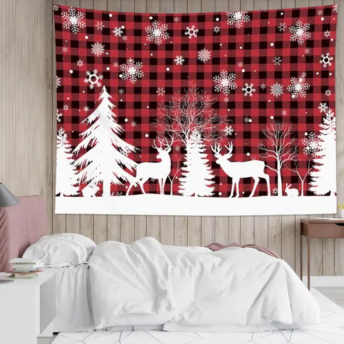HVEST Tapiz de nieve de invierno para colgar en la pared, diseño de ciervo y conejo blanco sobre fondo a cuadros rojos y negros, tapiz de copo de
