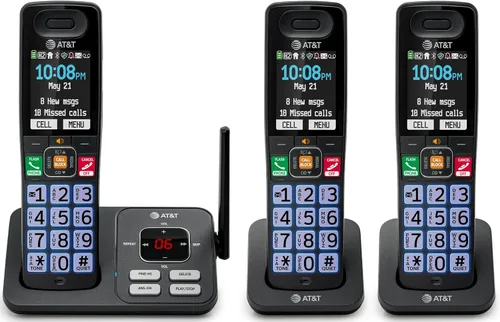 AT&T Teléfono inalámbrico DECT 6.0, 3 auriculares, bloqueador de llamadas inteligente, conexión Bluetooth a celda, contestador automático, pantalla