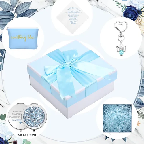 Miniatura 7 de Fumete Something Blue - Juego de regalo de boda, pañuelo bordado, ramo de ángel, bolsa de cosméticos para novia con espejo compacto de diamante