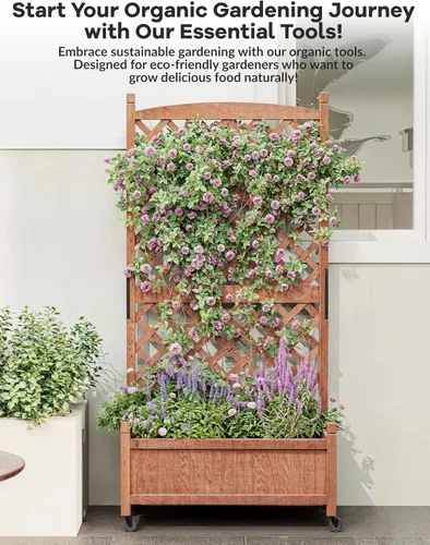 Miniatura 5 de GarveeLife Paquete de 2 macetas altas de madera con enrejado, cama de jardín elevada de 61.5 pulgadas de alto sobre ruedas, maceta vertical