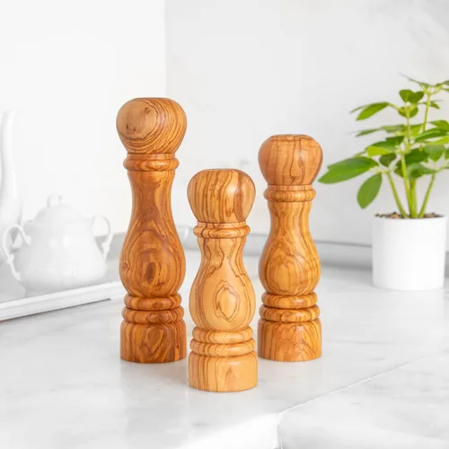 Miniatura 5 de Juego de 3 molinos de sal y pimienta de madera para cocina, 6.3 pulgadas, 7.1 pulgadas y 8.3 pulgadas, molinos de sal y pimienta recargables