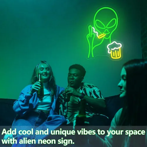 Miniatura 2 de Letrero de neón de alienígena verde, luz de neón de alienígena para barra de cerveza para decoración de pared, luces LED regulables para dormitorio