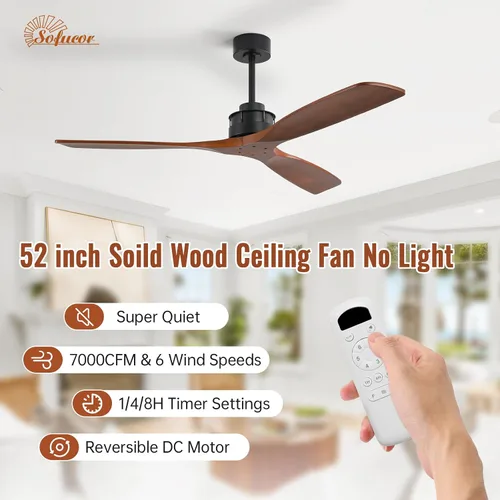 Miniatura 4 de Sofucor - Ventilador de techo moderno de madera maciza sin luces, de 60 pulgadas, con control remoto, 7000 CFM de alto flujo de aire, motor CC Con