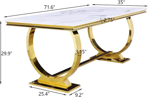 Miniatura 3 de ACEDÉCOR Juego de mesa de comedor moderno de 5 piezas con 4 sillas de comedor de cuero negro, mesa de comedor con base en U de metal de acero Oro