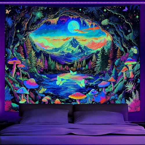 Miniatura 15 de Zussun Tapiz de hongo rojo, tapices de luna y estrella para dormitorio, estética de color beige, noche estrellada, planta verde, tapiz de pared