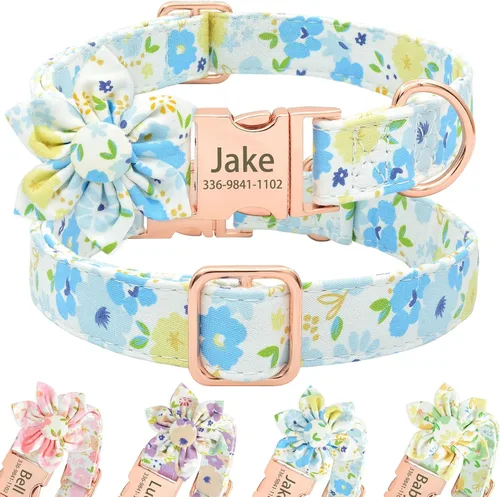 Miniatura 14 de Collar de perro con bonito lazo personalizado con nombre, collar floral personalizado con hebilla dorada grabada para perras pequeñas, medianas