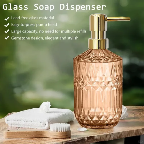 Miniatura 4 de 14Oz Gold Pump Glass Soap Dispenser, Amber Diamond Design Countertop Refillable Liquid Bottle Hand Dish Lotion Dispenser with Plastic Pump, for