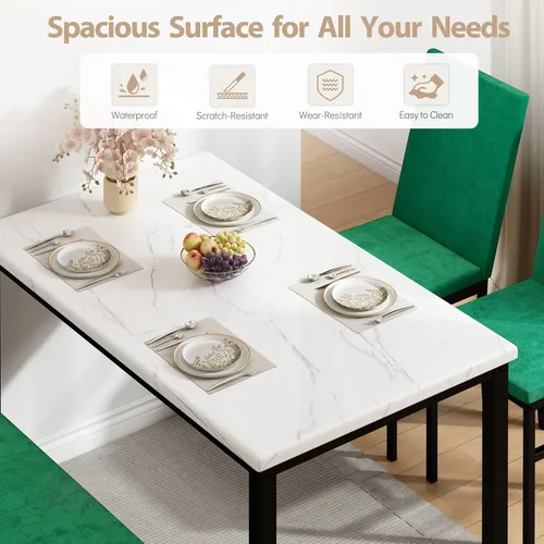Miniatura 5 de HUGROVE Juego de mesa de comedor de mármol sintético 47.2 para 4, sillas de mesa de cocina con sillas tapizadas de terciopelo, juego de mesa de Verde