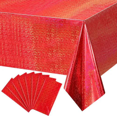Miniatura 12 de Paquete de 8 manteles de plástico iridiscente brillantes desechables láser rectangulares, cubiertas de mesa de papel holográfico iridiscente, Rosa