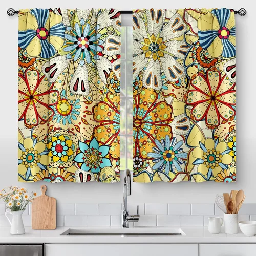 Aimego Cortinas de cocina florales bohemias, con estampado de flores coloridas y bohemias, para cafetería, cortinas de ventana pequeñas para baño,