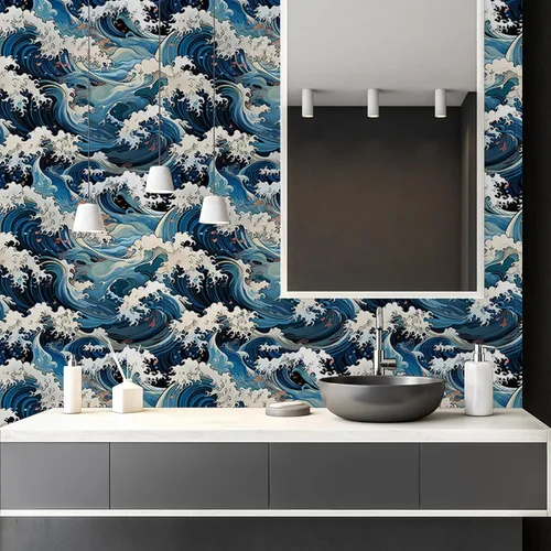 Miniatura 8 de Vinatge Janpanese - Papel tapiz autoadhesivo con mosaico azul y amarillo de olas marinas, para gabinetes de cocina, apto para inquilinos, 14.5 pies