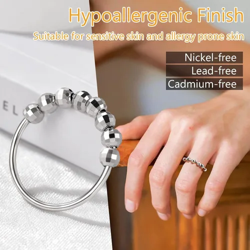 Miniatura 6 de PROSILVER 925 Sterling Silver Fidget Rings For Women Dainty Beads Spinner Ring For Anxiety Relief Size 4-12 Come Gift Box