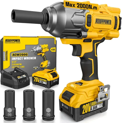 ALLOYPOWER - Llave de impacto inalámbrica sin escobillas, 1475 pies-libra (2000N.m), pistola de impacto de alto par de 1/2, velocidad de 3 modos,