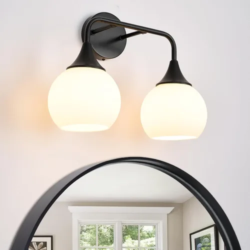 Miniatura 8 de Lámparas doradas de baño con 2 luces de tocador con pantalla de vidrio blanco leche, luces de tocador para baño, aplique de pared moderno para baño