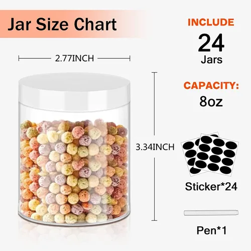 Miniatura 2 de SLifeJars Tarros de plástico transparente de 8 onzas, 24 frascos de comida redondos vacíos con tapas blancas, tarros de viaje de plástico