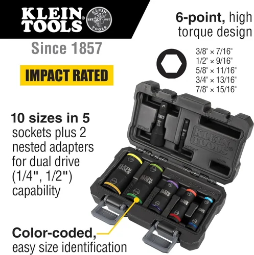 Miniatura 2 de Klein Tools 66070 Juego de dados de impacto, cinco dados de impacto giratorios con adaptadores de socket hexagonal de 1/4 pulgadas y adaptadores