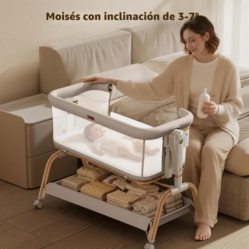 Miniatura 6 de NeoBorn Cuna de 3 en 1 para bebé, cuna junto a la cama para bebé, cuna mecedora con malla transpirable completa, colchón y sábana suave, altura