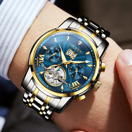Miniatura 4 de OLEVS Relojes de cuerda automática para hombre, reloj mecánico automático Tourbillon de acero inoxidable con doble calendario, impermeable, luminoso